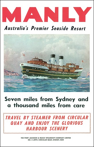 Full poster featuring Manly Ferry South Steyne Crossing the Heads to Manly circa 1939